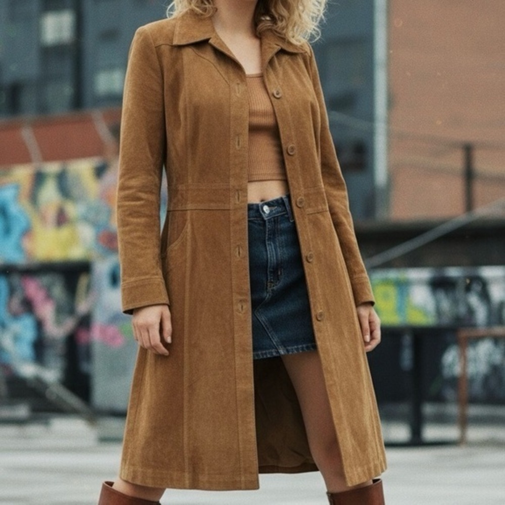 HENNES VINTAGE H&M 100% Leather Suede Long Trench Coat Duster Jacket Western y2k